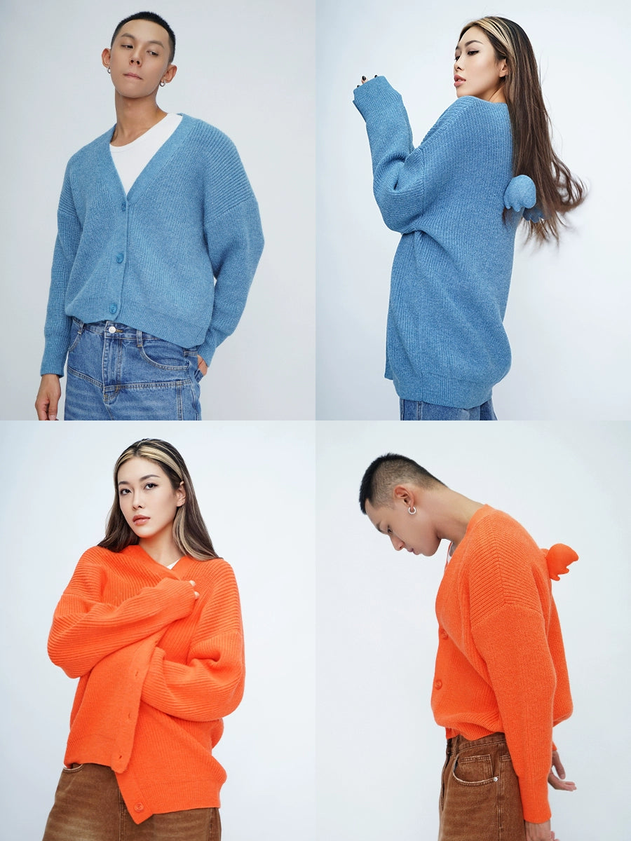 CLP Unisex Wing Design Oversized Knit Cardigan-Blue-Short Style-3 Buttons-Free Shipping Leatheretro
