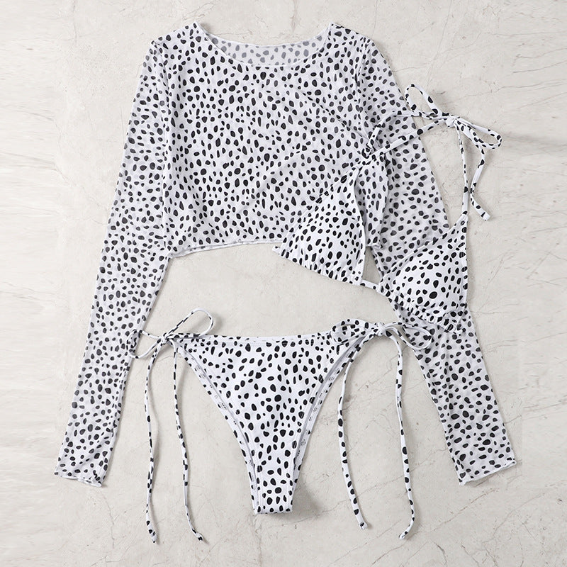 Sexy Long Sleeves Leopard Three Pieces Women Bikinis Swimwear-Swimwear-White-S-Free Shipping Leatheretro