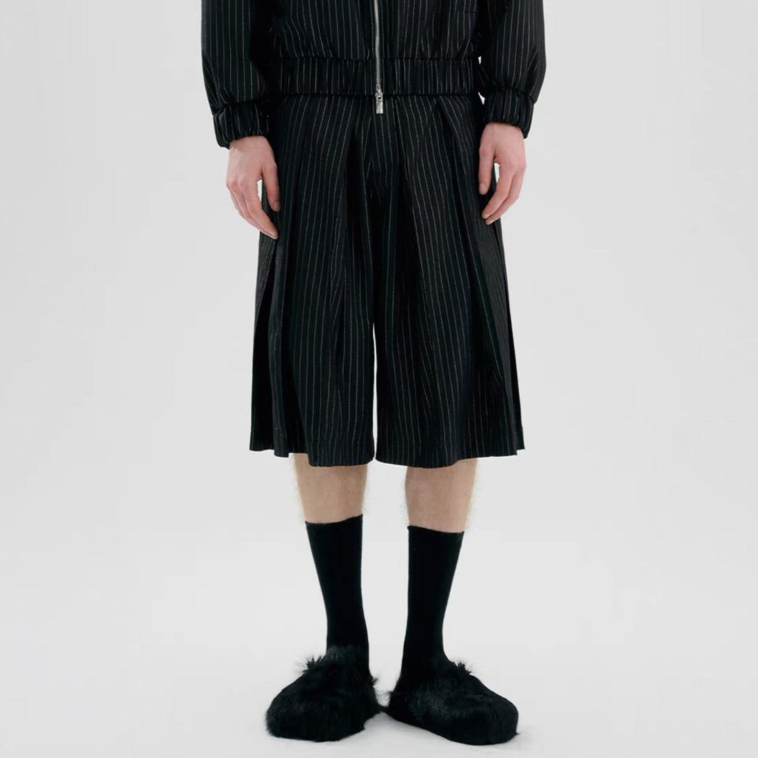 TIWILLTANG Pleated Pinstripe Skirt Shorts-Shorts-S-Black-Free Shipping Leatheretro