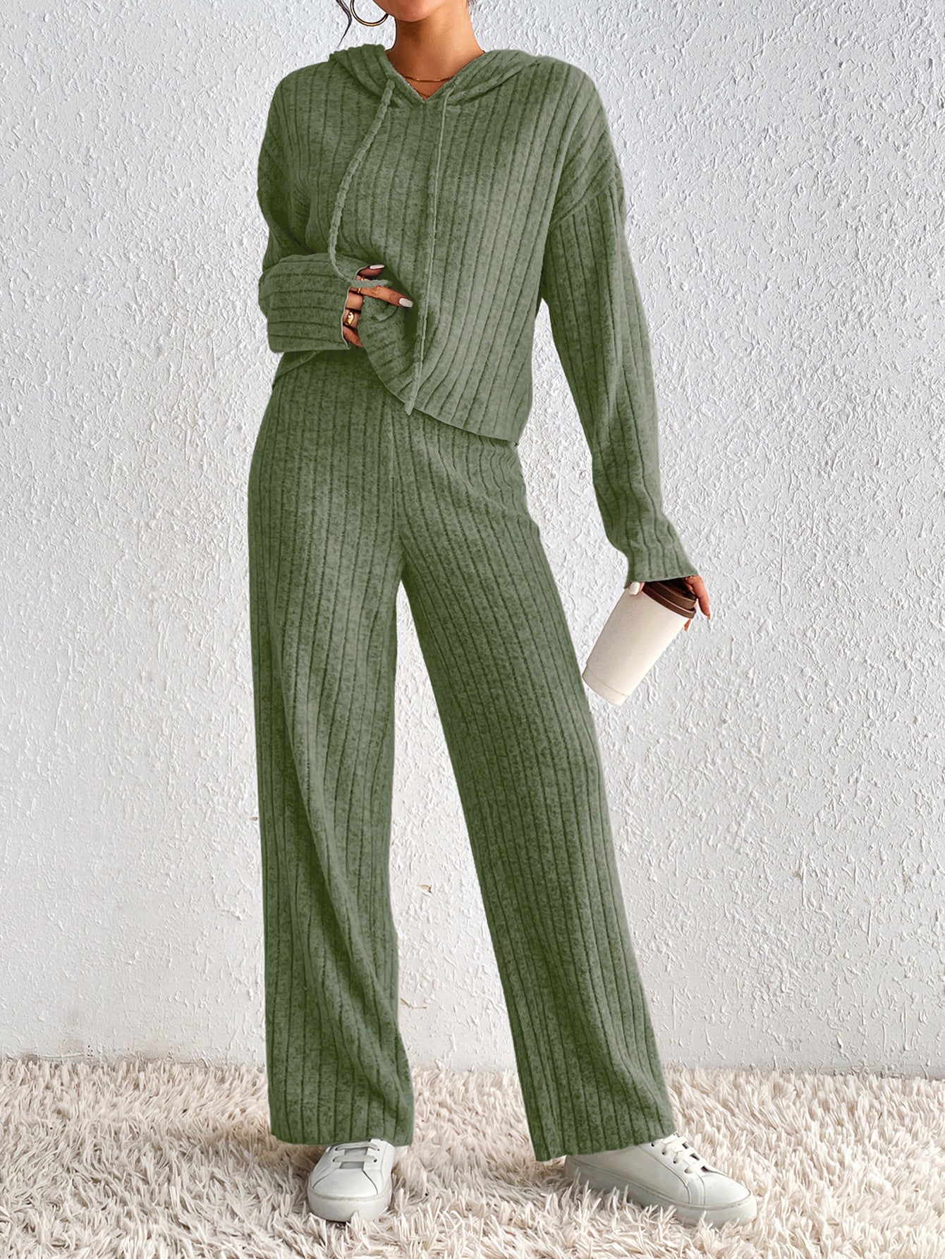 Casual High Neck Fall Two Pieces Knitted Suits-suits-Army Green-S-Free Shipping Leatheretro