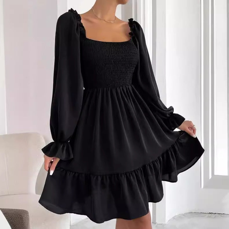 Elegant Square Neckline Long Sleeves Short Dresses-Dresses-Black-S-Free Shipping Leatheretro