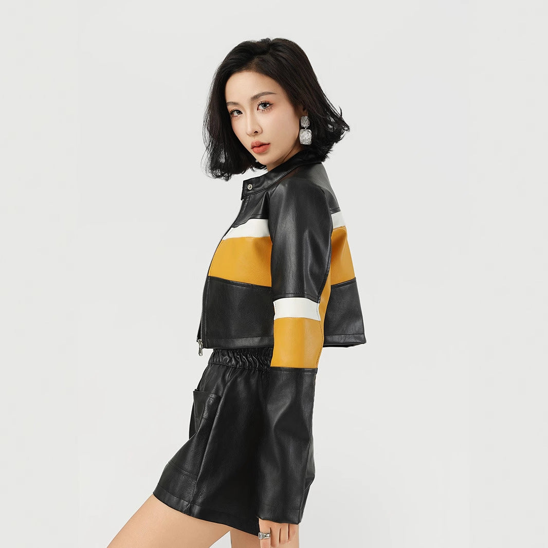 PU Leather Contrast Color Slim-Fit Biker Jacket-As Photo-S-Free Shipping Leatheretro