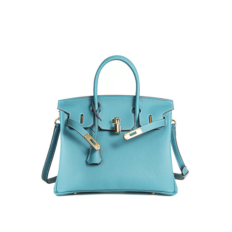 Luxury Genuine Top Grain Pebbled Leather Women's Handbag with Lock Closure-Handbags-elephant gray-35CM-Free Shipping Leatheretro