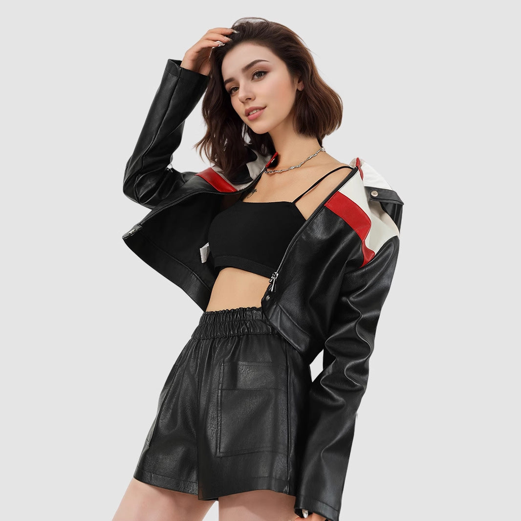 Women's Cropped Biker Jacket – Color-Block Leather Pilot Jacket-As Photo-S-Free Shipping Leatheretro