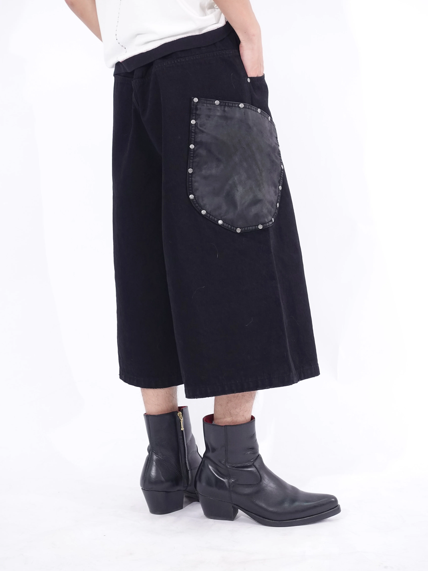 IN EXISTENCE Washed Rivet-Trim Patch Denim Shorts-Shorts-S (1)-Free Shipping Leatheretro