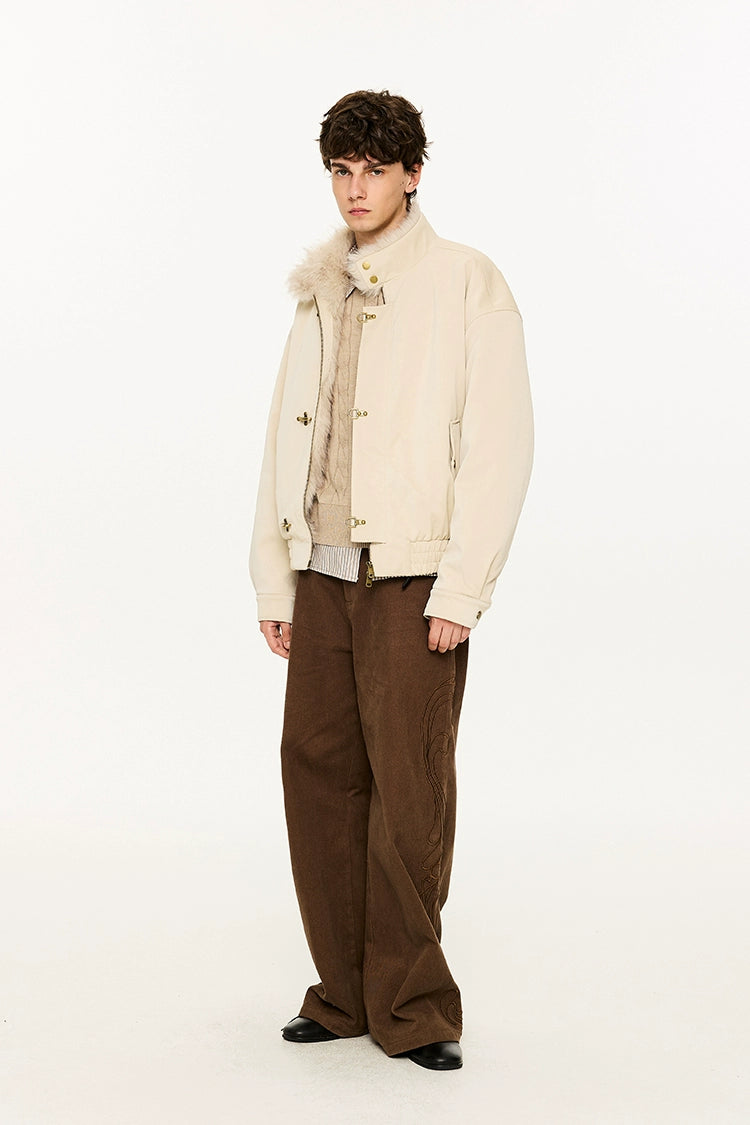 KREATE Harrington-Style PU Leather Jacket with Long Fur Collar-Ivory-S-Free Shipping Leatheretro