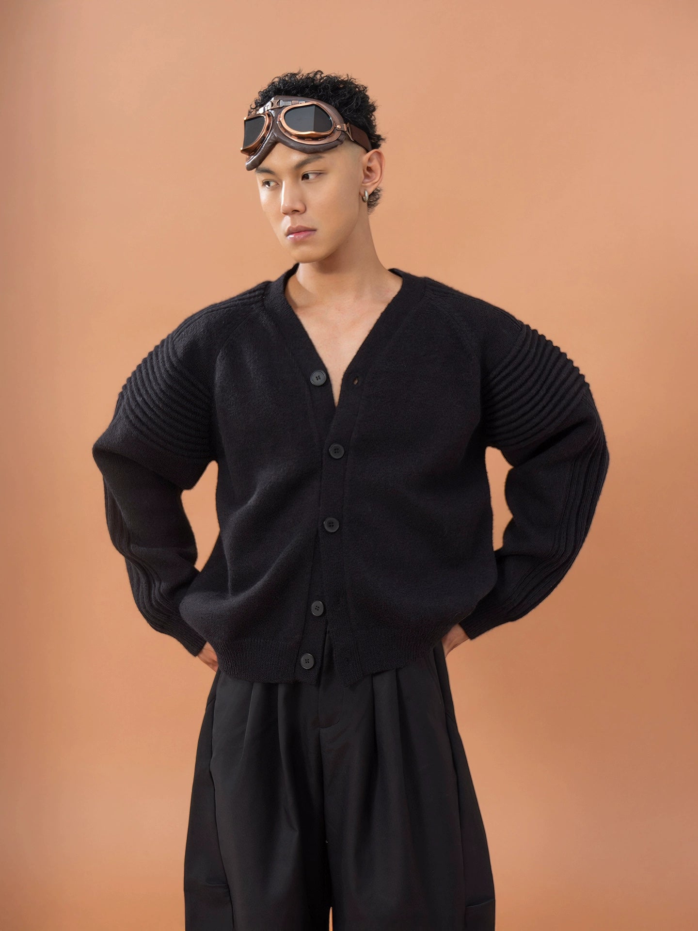 CLP Men's Oversized Drop Shoulder Cardigan Sweater-Black-M-Free Shipping Leatheretro