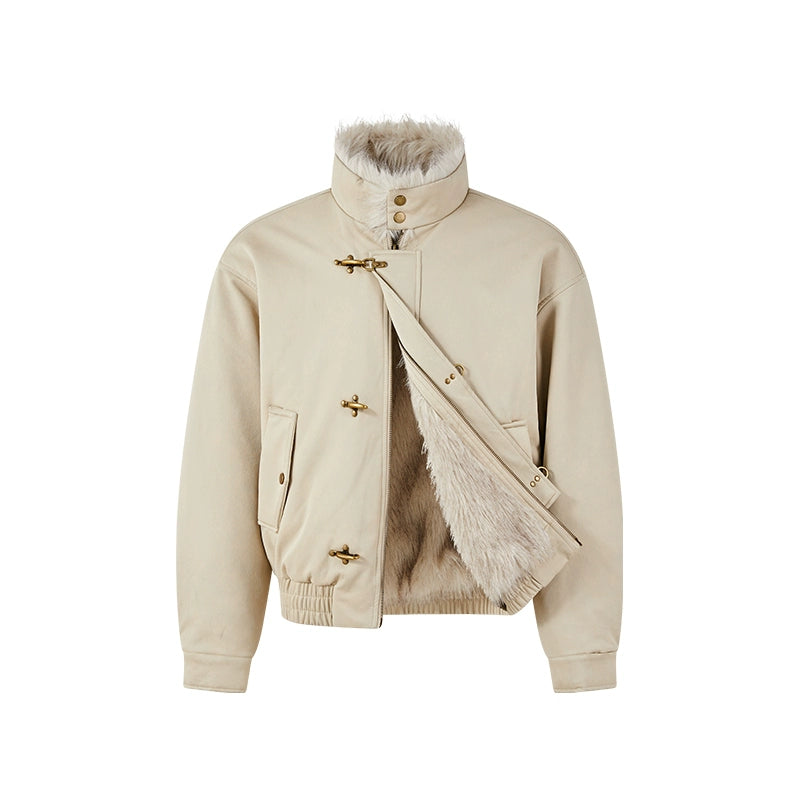 KREATE Harrington-Style PU Leather Jacket with Long Fur Collar-Ivory-S-Free Shipping Leatheretro