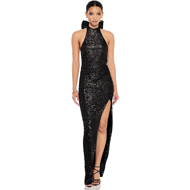 Sexy Sequined Halter Bow Evening Party Dresses-Dresses-Black-S-Free Shipping Leatheretro