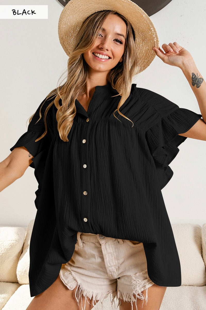 Fashion Stand Collar Ruffled Short Sleeves Shirts-Shirts & Tops-Black-S-Free Shipping Leatheretro