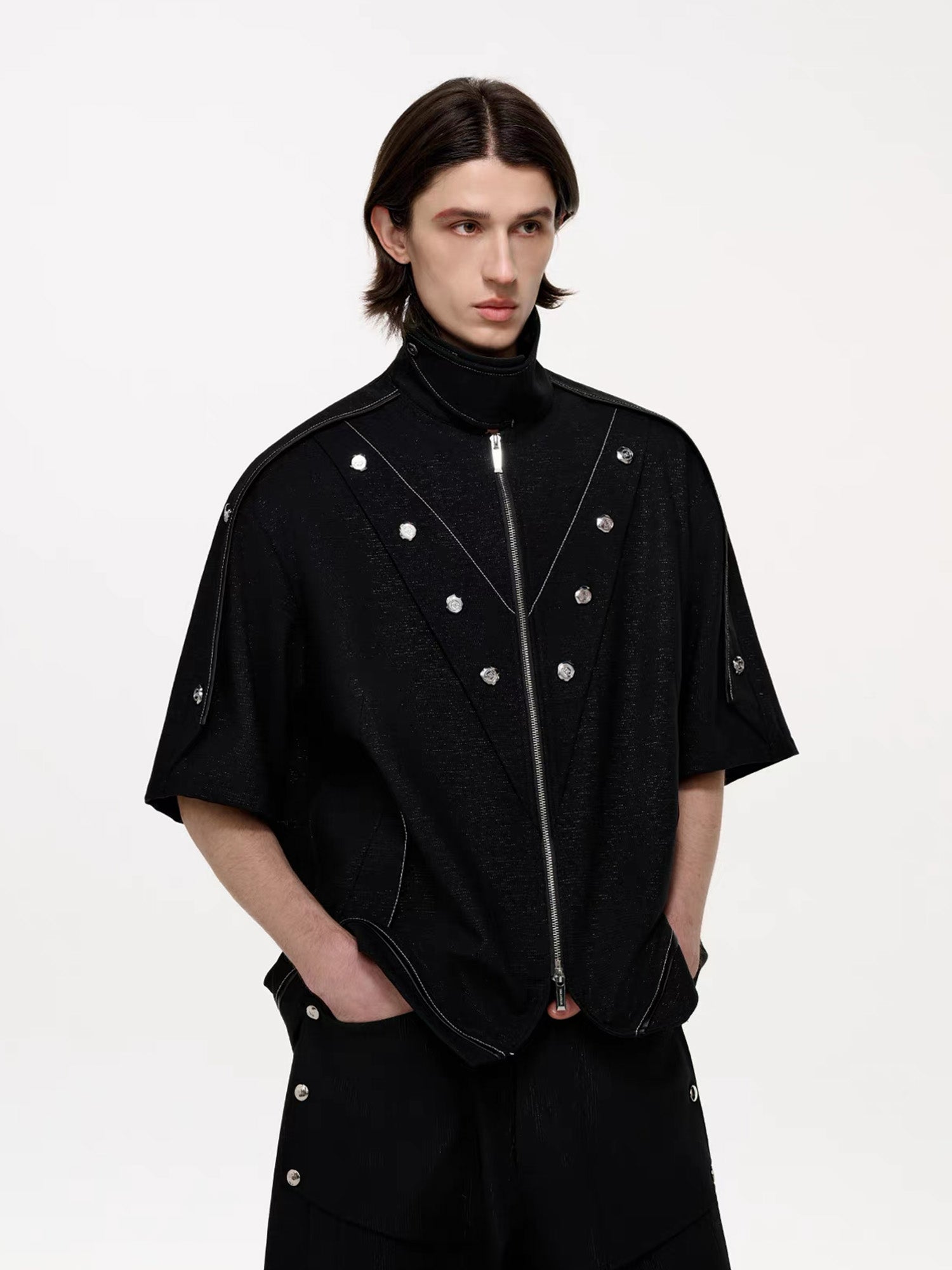 TIWILLTANG Studded Trim Zip-Up Half Shirt-T Shirt-S-Free Shipping Leatheretro