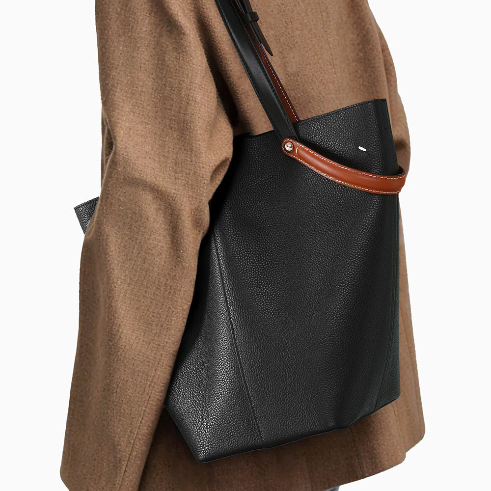 Top-Grain Leather Bucket Bag – Spacious Work Tote & Shoulder Bag for Women-Handbags-Black-17*17*31cm-Free Shipping Leatheretro