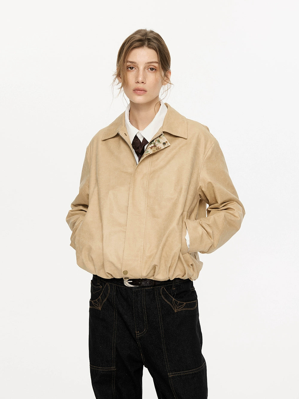 KREATE Vintage Suede Jacket with Color-Block Detail & Distressed-Ivory-S-Free Shipping Leatheretro