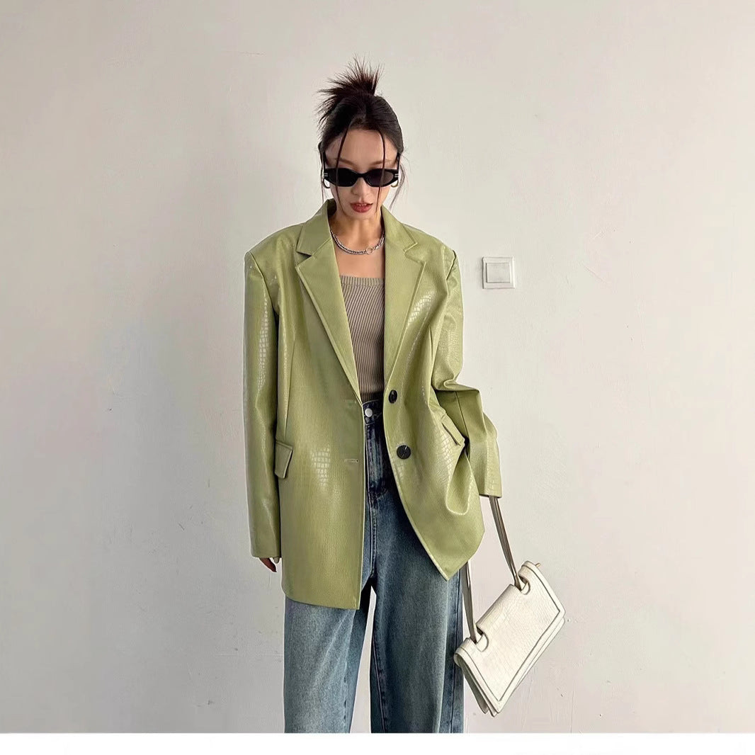 Women's Faux Leather Blazer – Oversized Casual Jacket-black-S-Free Shipping Leatheretro