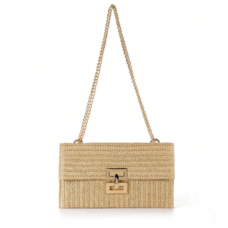 Rattan Straw Woven Flap Shoulder Bag-杏色-29x18x3CM-Free Shipping Leatheretro