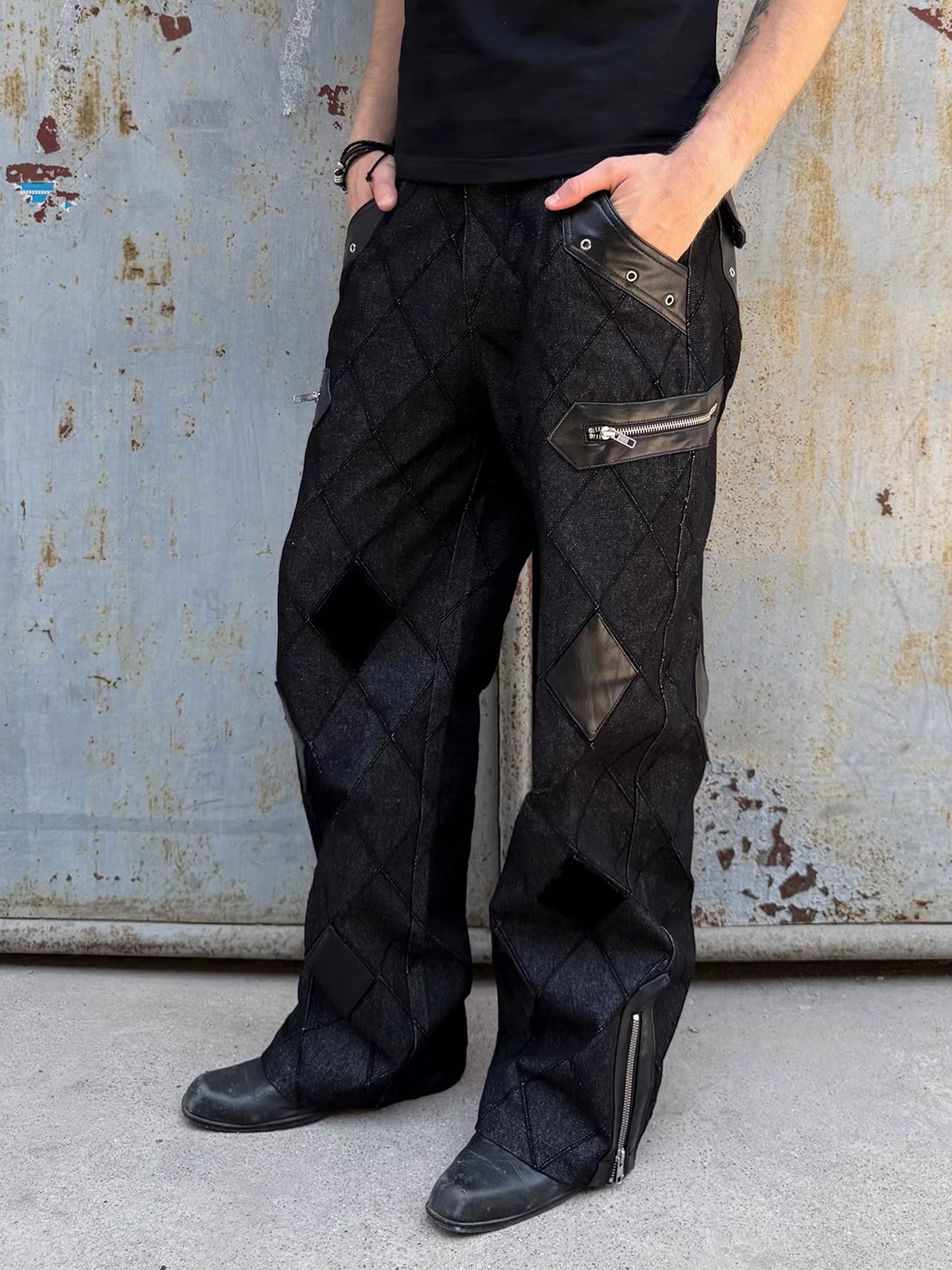 ESAIAS Diamond Faux Leather Patch Rivet Jeans-Jeans-S / 29" (Preorder)-Free Shipping Leatheretro