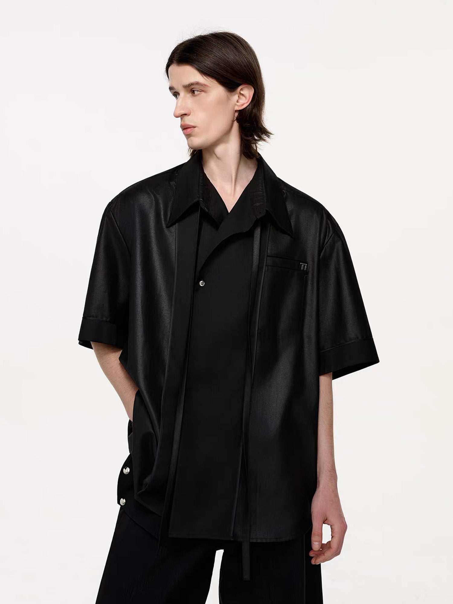 TIWILLTANG Draped Camp-Collar T Shirt-Jacket-S-Black-Free Shipping Leatheretro