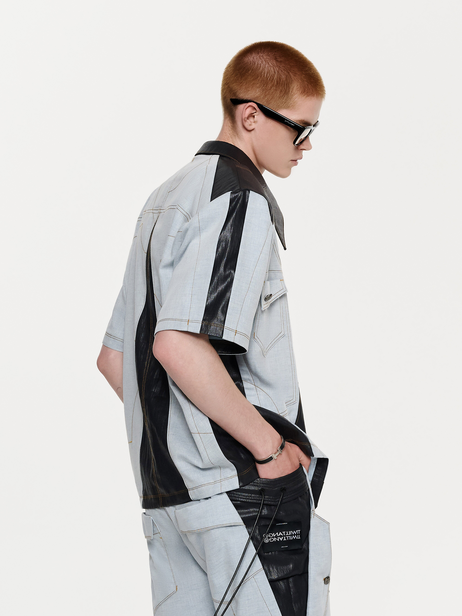 TIWILLTANG Contrast Stitch Paneled Zip-Up Half Shirt-Half shirt-S-Blue-Free Shipping Leatheretro