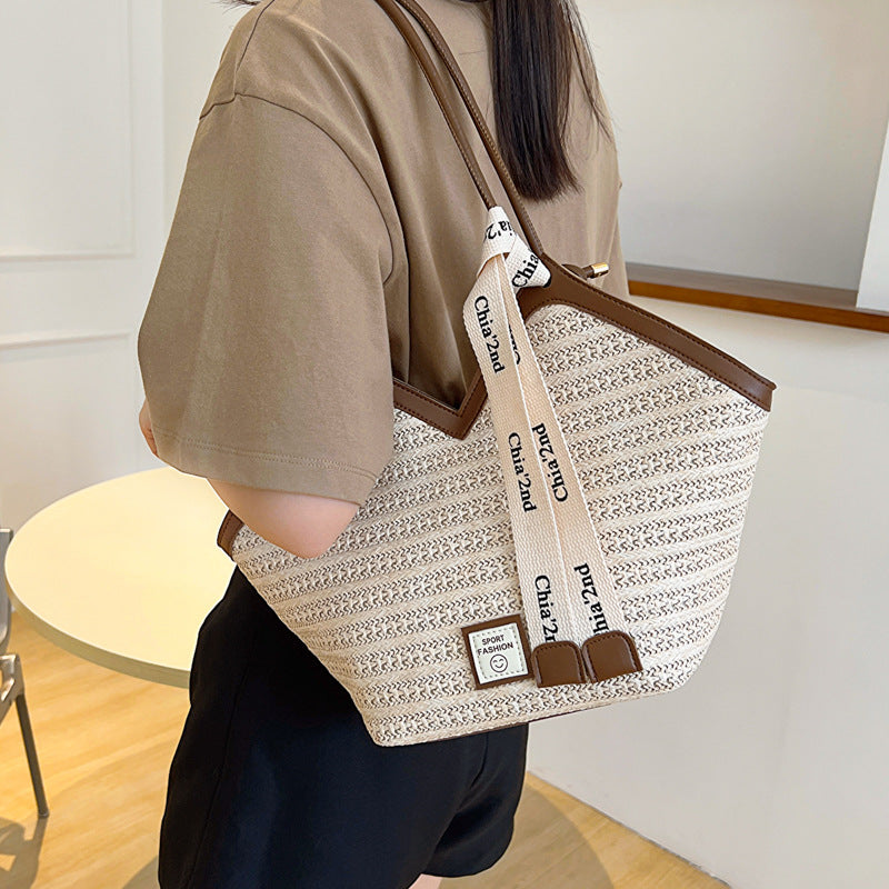 Large Capacity Tote Bag – Vintage Straw Woven Handbag-White with brown.-Free Shipping Leatheretro