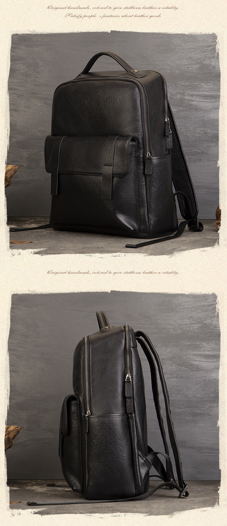 Genuine Vege-Tanned Leather Men's Backpack-Backpack-Black-Free Shipping Leatheretro