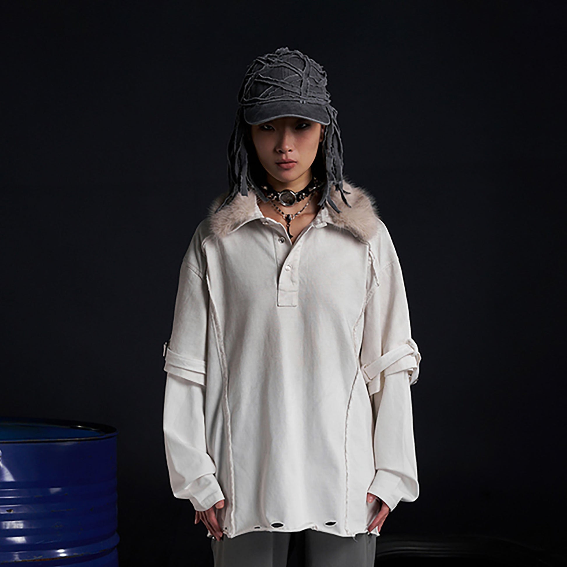 RECOVER ZONE Detachable Faux Fur Collar Long Sleeve Shirt-L/S Tee-M-White-Free Shipping Leatheretro