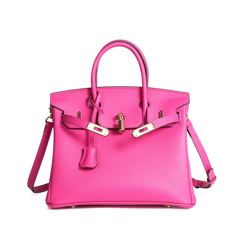 Luxury Genuine Top Grain Pebbled Leather Women's Handbag with Lock Closure-Handbags-elephant gray-35CM-Free Shipping Leatheretro