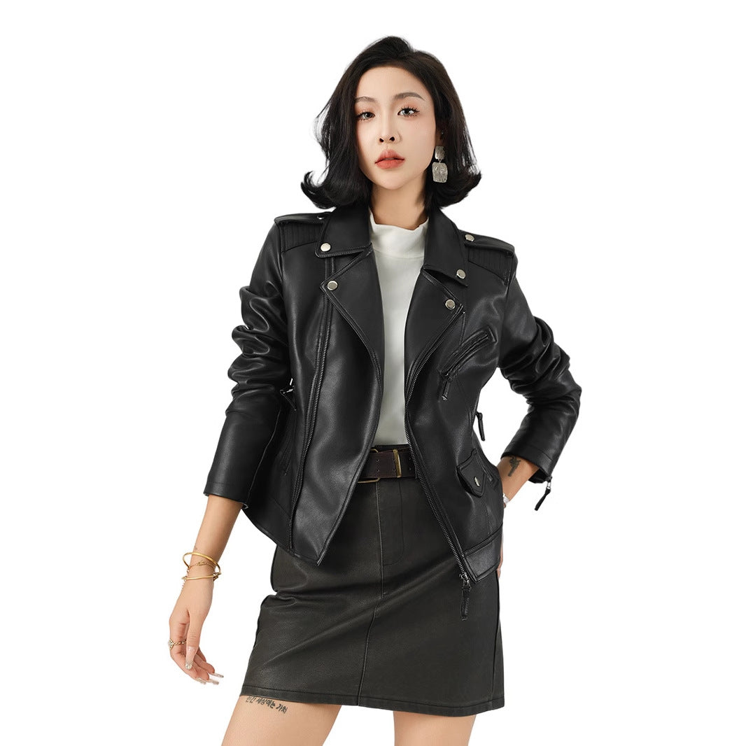 Women's Waist-Cinching Biker Faux Leather Jacket-Black-XS-Free Shipping Leatheretro