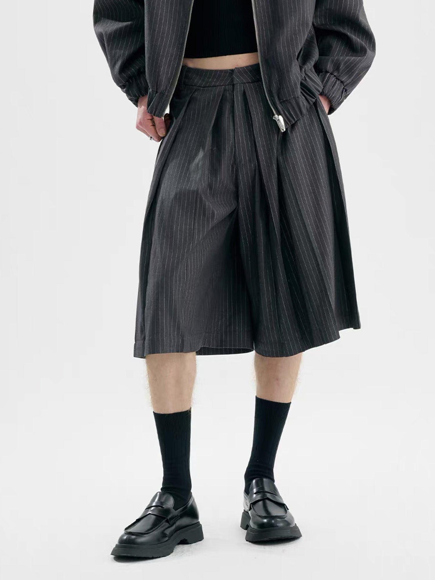 TIWILLTANG Pleated Pinstripe Skirt Shorts-Shorts-S-Black-Free Shipping Leatheretro