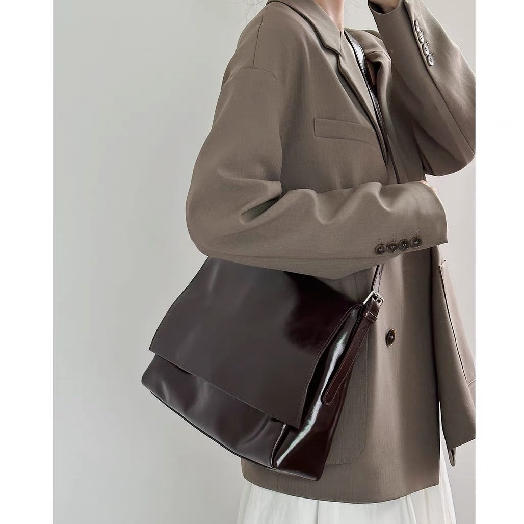 Retro Small Square Bag – Waxed Leather Shoulder Tote, Shiny Crossbody Bag-crossbody bags-black-Free Shipping Leatheretro