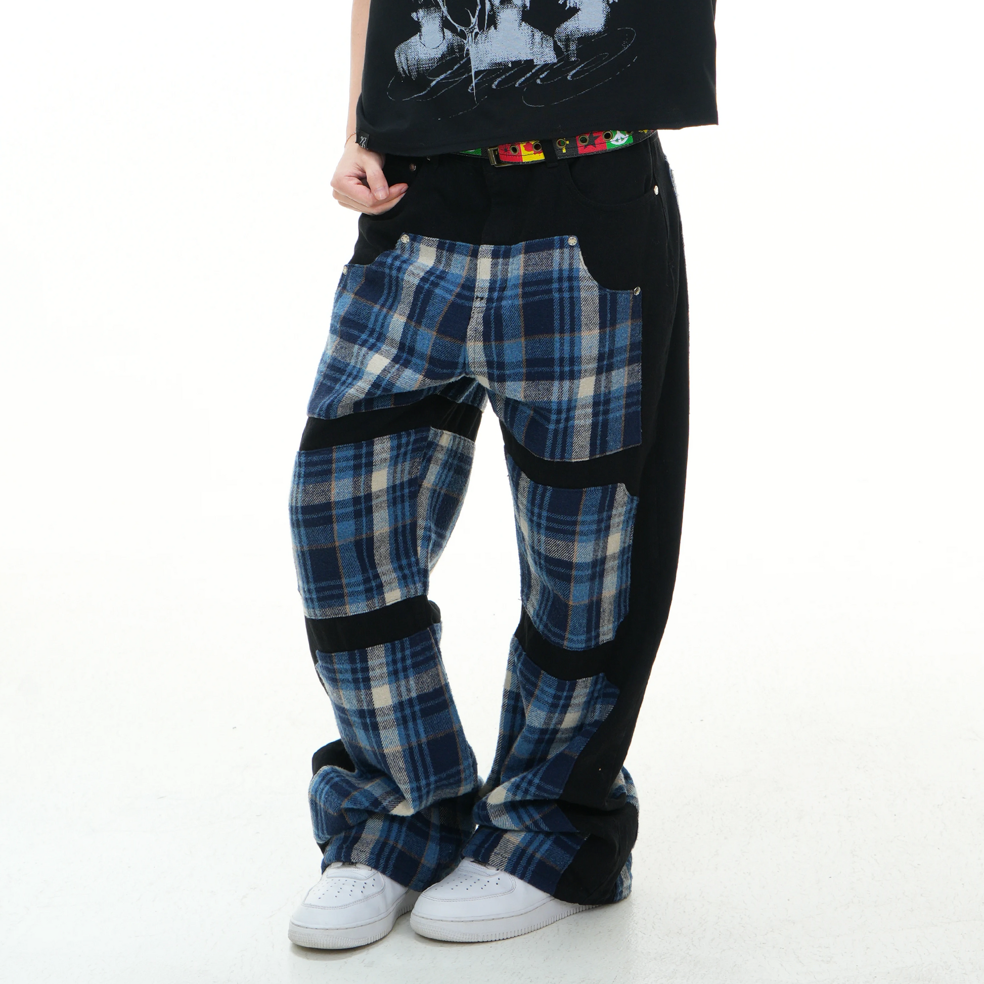 VINKID Plaid Paneled Wide-Leg Jeans-Jeans-S / 31"-Free Shipping Leatheretro