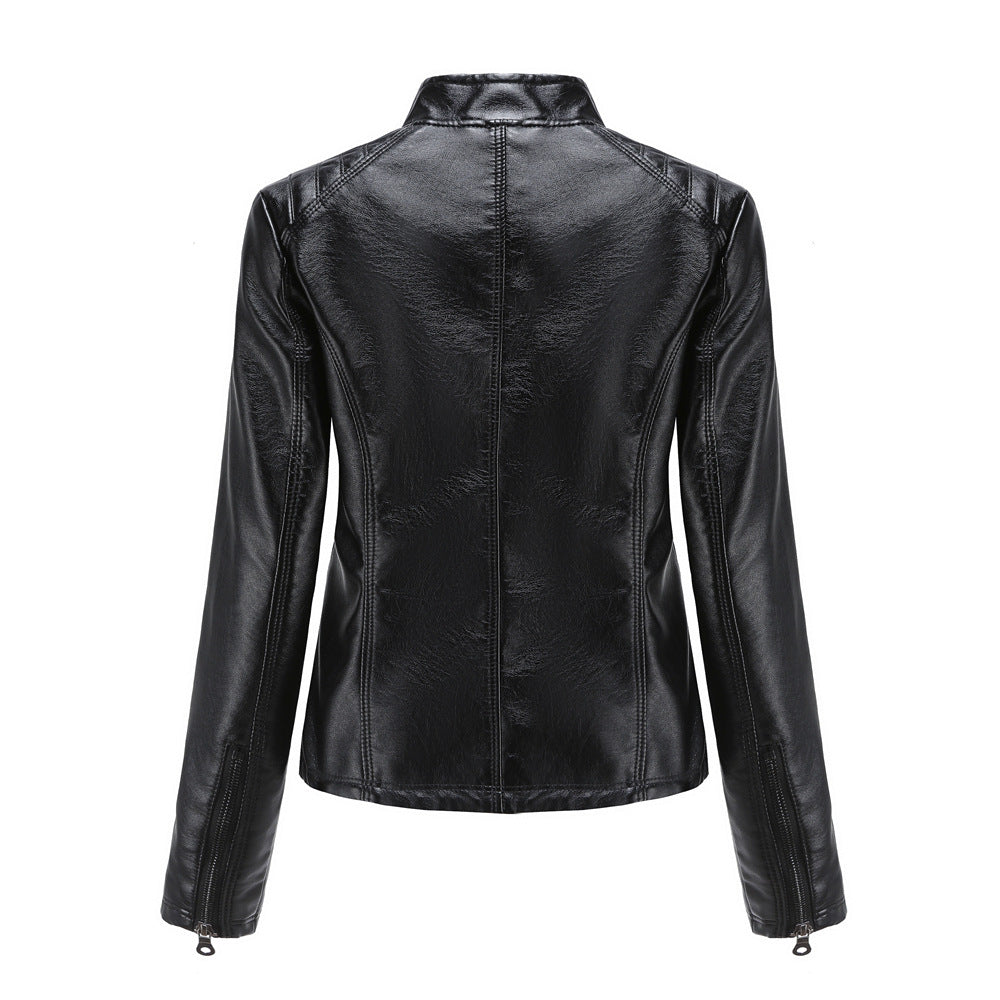 Women Casual Faux Leather Stand Collar Jacket-black-EU(XS)-Free Shipping Leatheretro