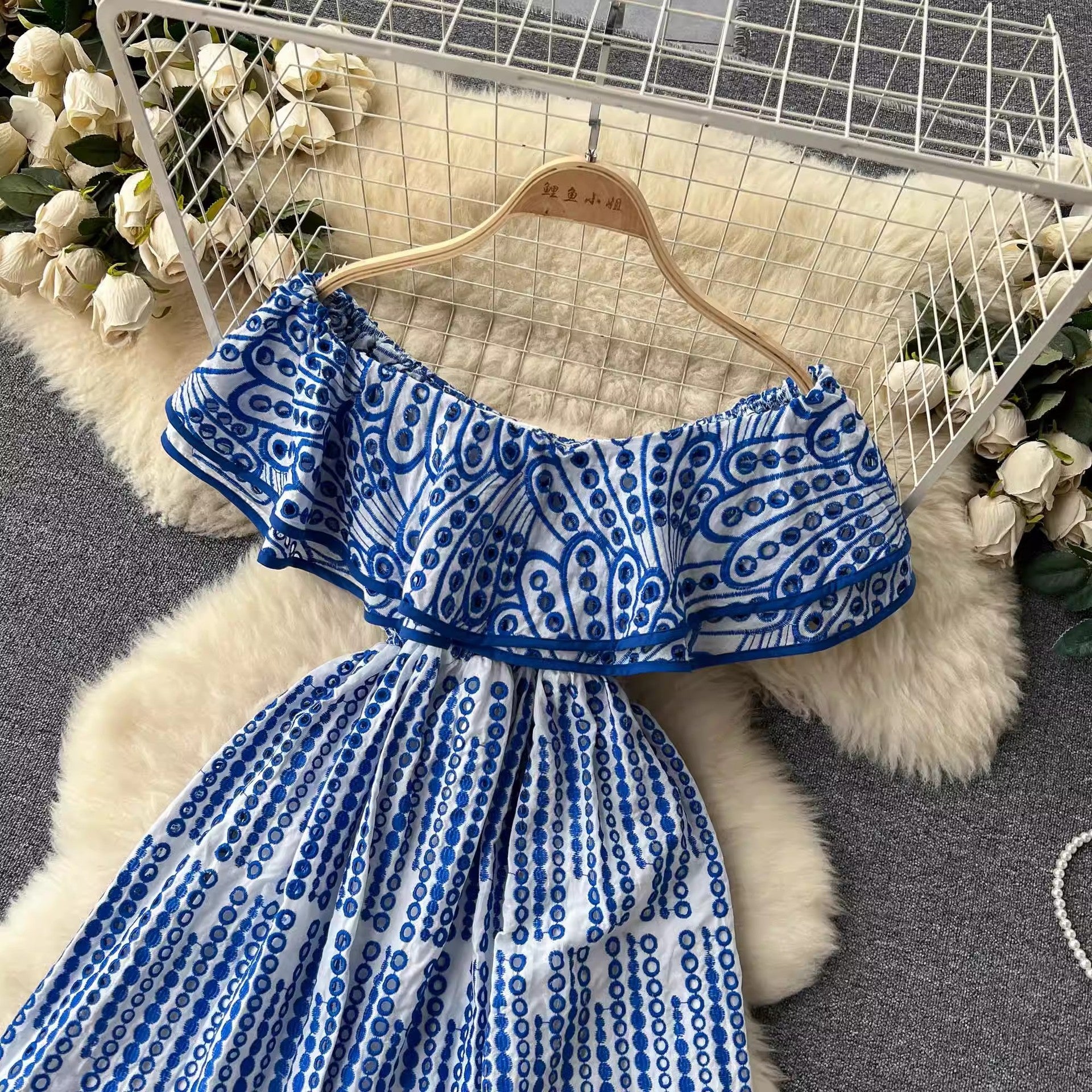 Sexy Off The Shoulder Embroidery Summer Vacation Dresses-Dresses-Navy Blue-S-Free Shipping Leatheretro