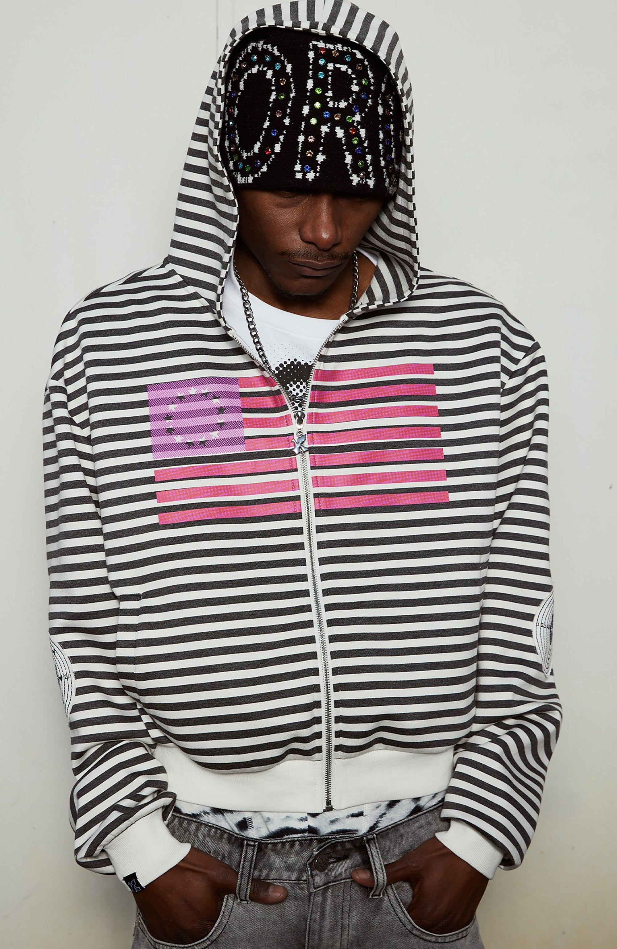 VINKID Flag Stripe Zip-Up Hoodie-Jacket-S-Free Shipping Leatheretro