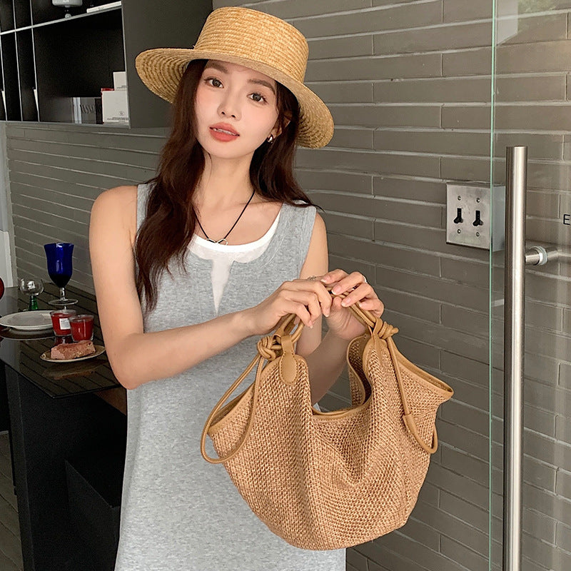 Summer Vacation Style – Large Straw Tote Bag, Boho Chic Shoulder Bag-Apricot-17-19-17 cm-Free Shipping Leatheretro