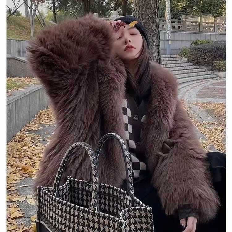 Casual Faux Fox Fur Overcoats for Women-Outerwear-Dark Brown-S-Free Shipping Leatheretro