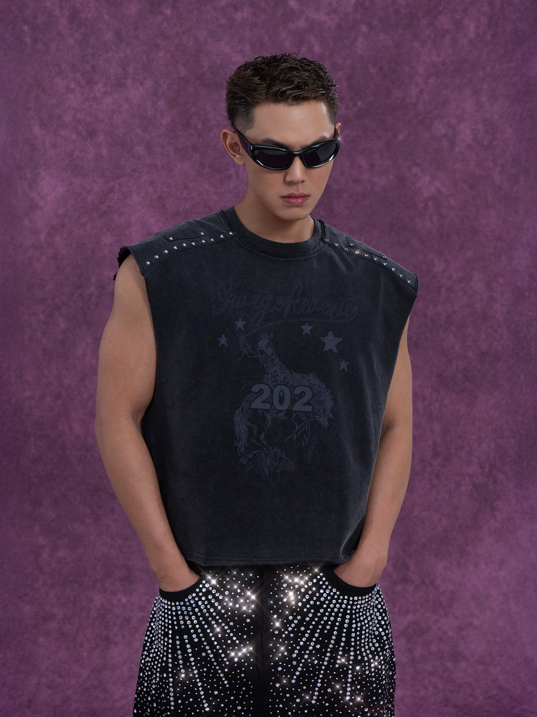 CLP Men's Grey Distressed Sleeveless Vest with Studs and Print - Streetwear Style-Gray-S-Free Shipping Leatheretro