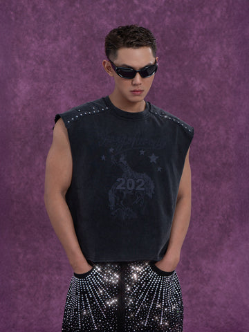 CLP Men's Grey Distressed Sleeveless Vest with Studs and Print - Streetwear Style-Gray-S-Free Shipping Leatheretro