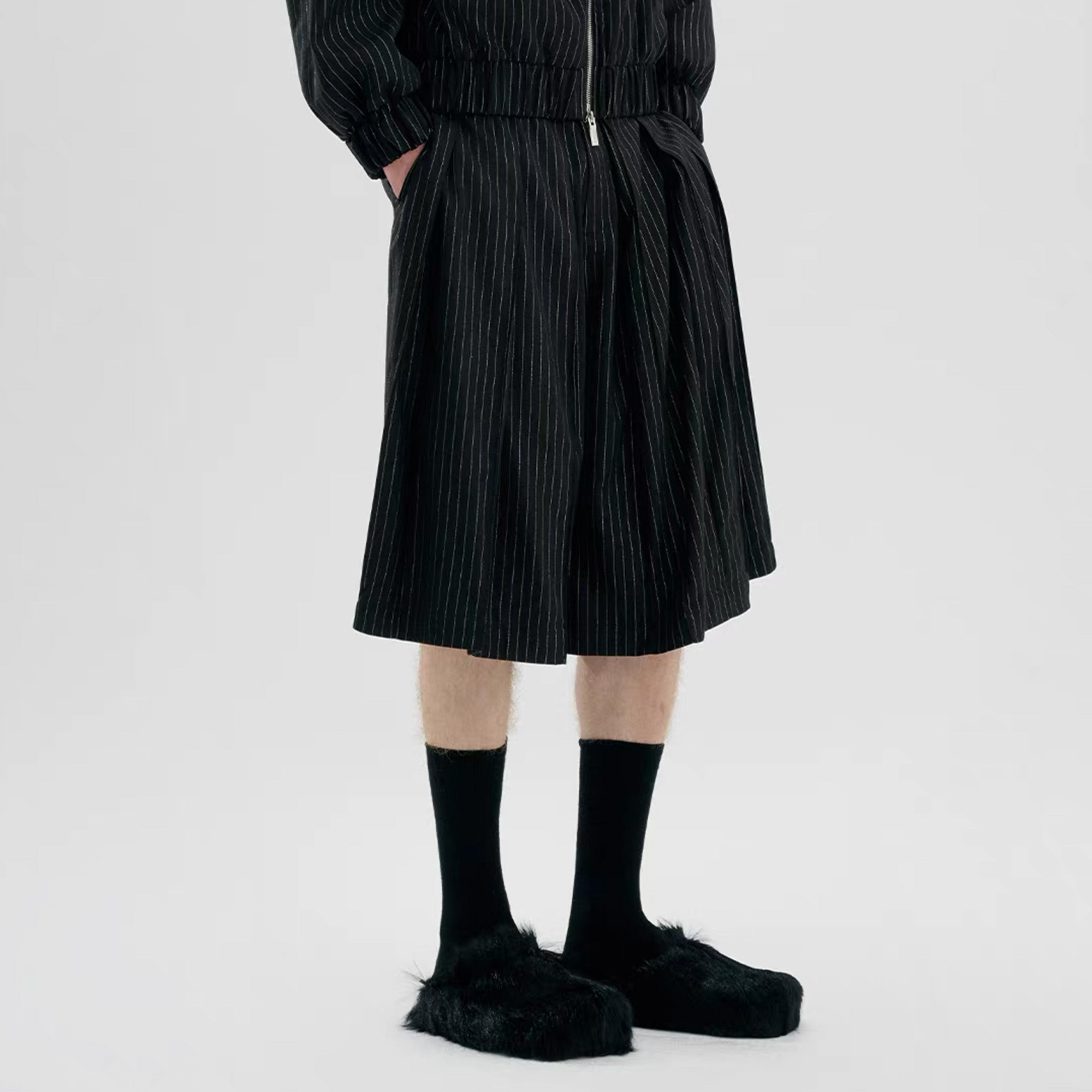 TIWILLTANG Pleated Pinstripe Skirt Shorts-Shorts-S-Black-Free Shipping Leatheretro