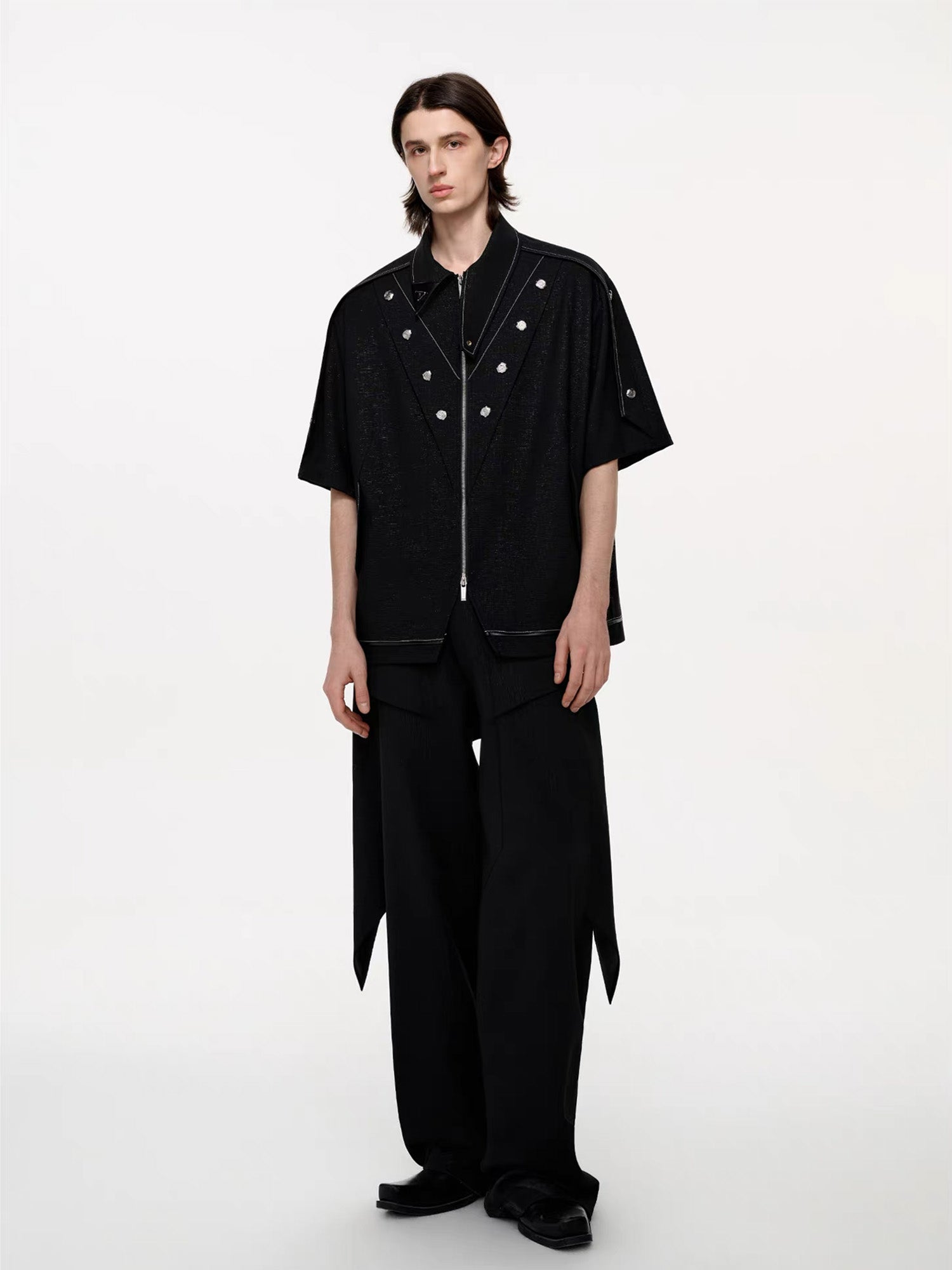 TIWILLTANG Studded Trim Zip-Up Half Shirt-T Shirt-S-Free Shipping Leatheretro