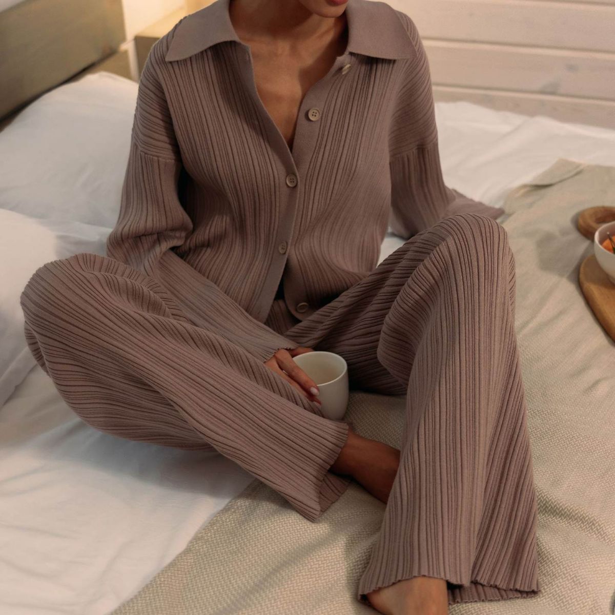 Fashion Autumn Sweaters and Wide Legs Pants Suits-suits-Coffee-S-Free Shipping Leatheretro