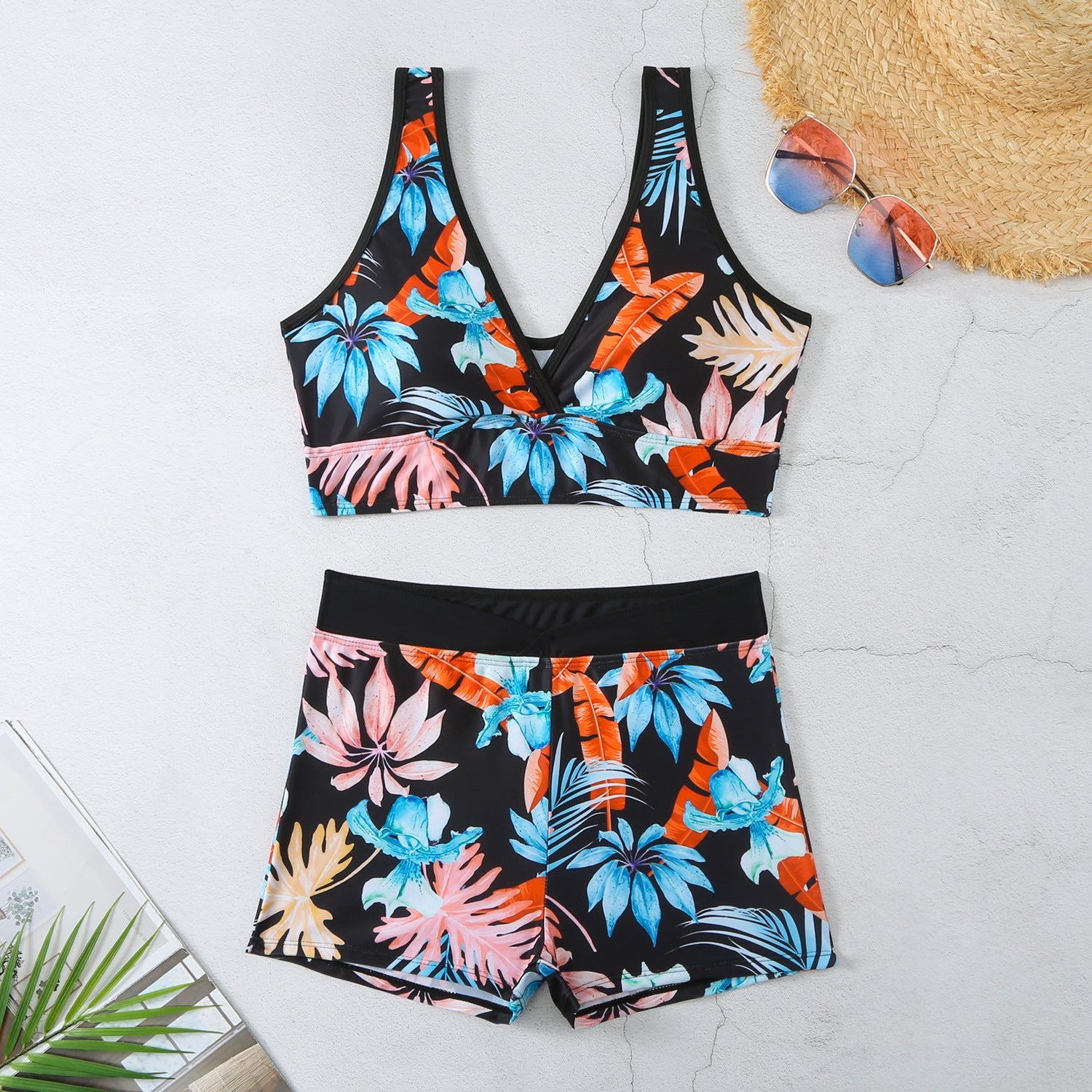 Sexy Floral Print Summer Boxer Swimsuits-Swimwear-Orange Blue-S-Free Shipping Leatheretro