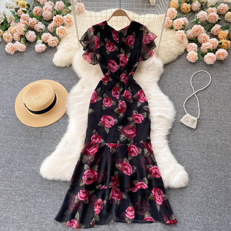 Vintage Luxury Chiffon Mermaid Women Dresses-Dresses-Black-M-Free Shipping Leatheretro