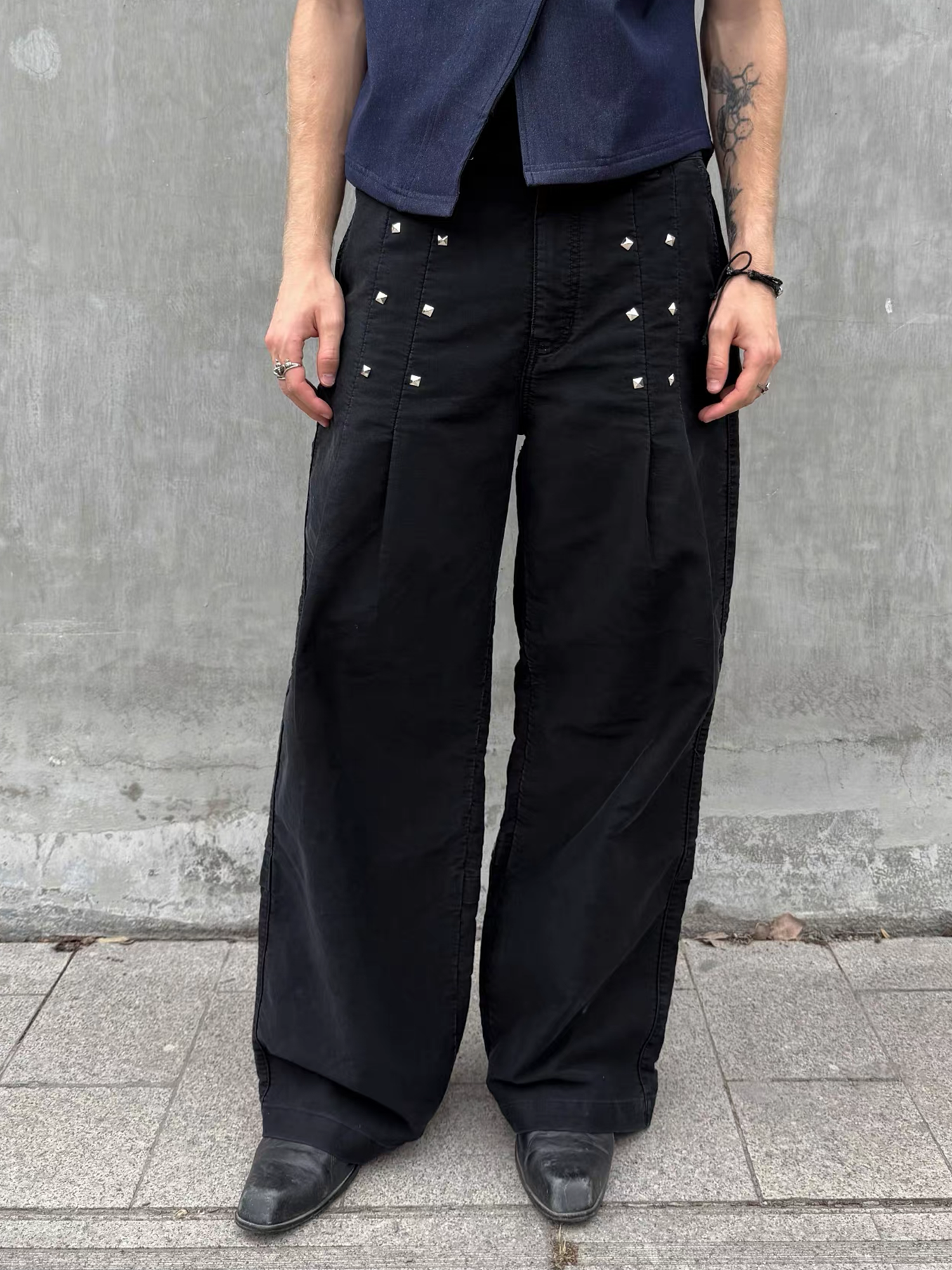 ESAIAS Studded Pleated Moleskin Trousers-Pants-S / 30" (Preorder)-Free Shipping Leatheretro