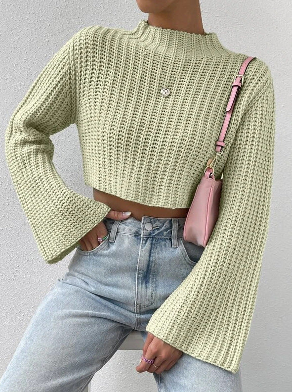 Casual Trumpet Sleeves Short Pullover Sweaters-Sweater&Hoodies-Green-S-Free Shipping Leatheretro