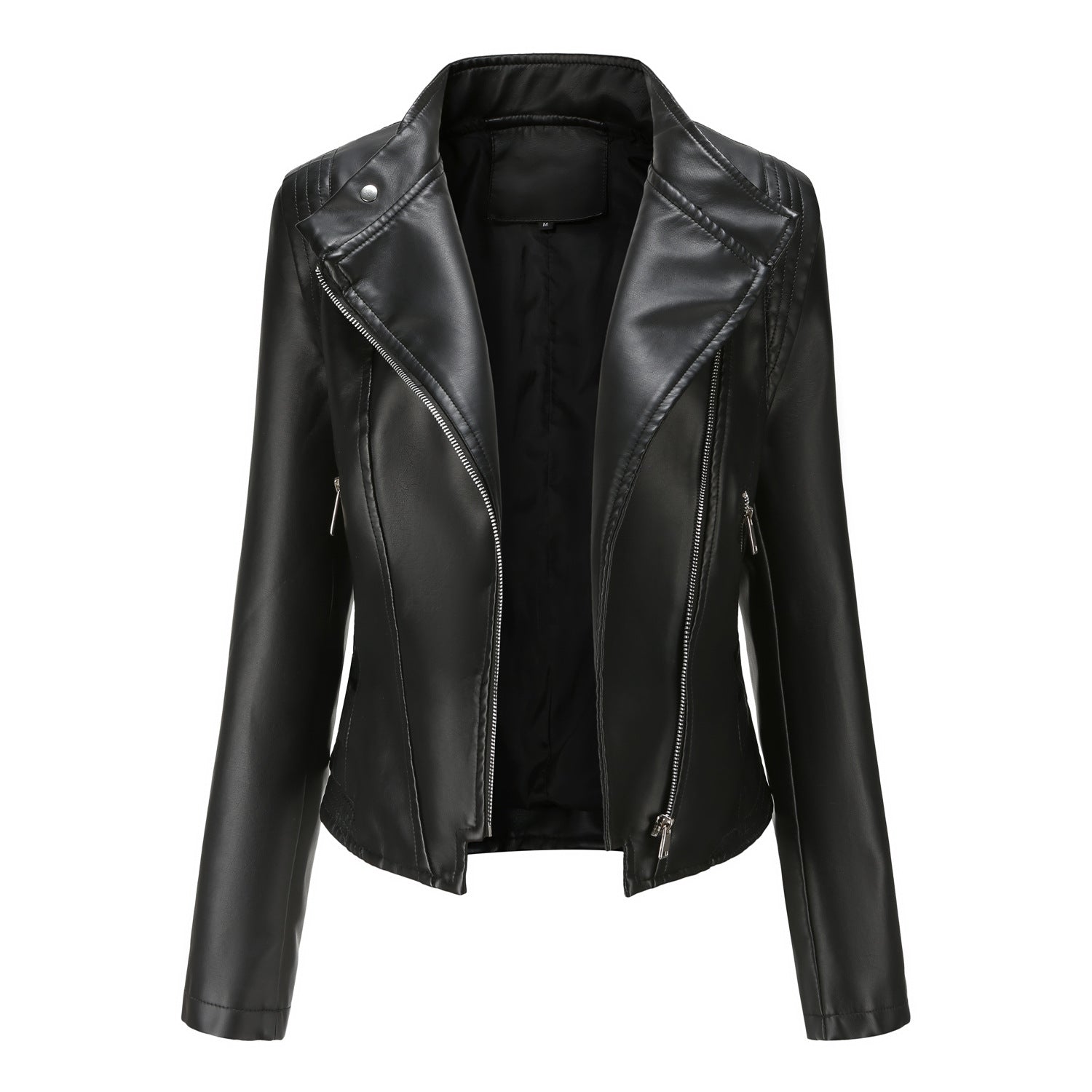 Women's Lapel Fitted Faux Leather Jacket-black-L-Free Shipping Leatheretro