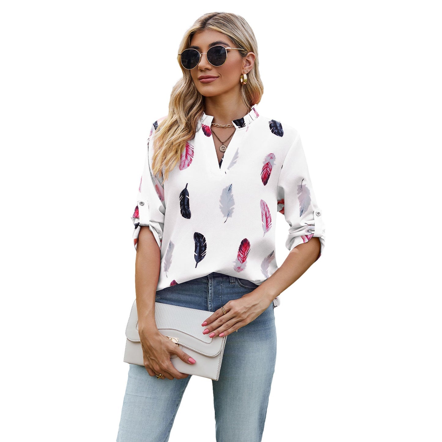 Casual Summer Feather Print 3/4 Sleeves Shirts-Shirts & Tops-White-S-Free Shipping Leatheretro