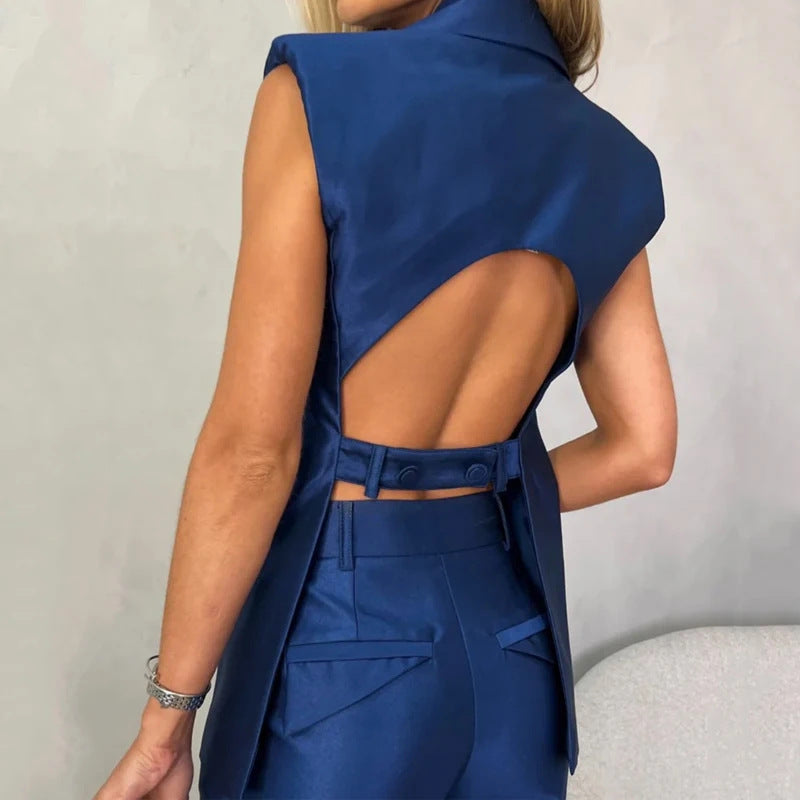 Fashion Backless Vest and Casual Pants Suits-suits-Blue-S-Free Shipping Leatheretro