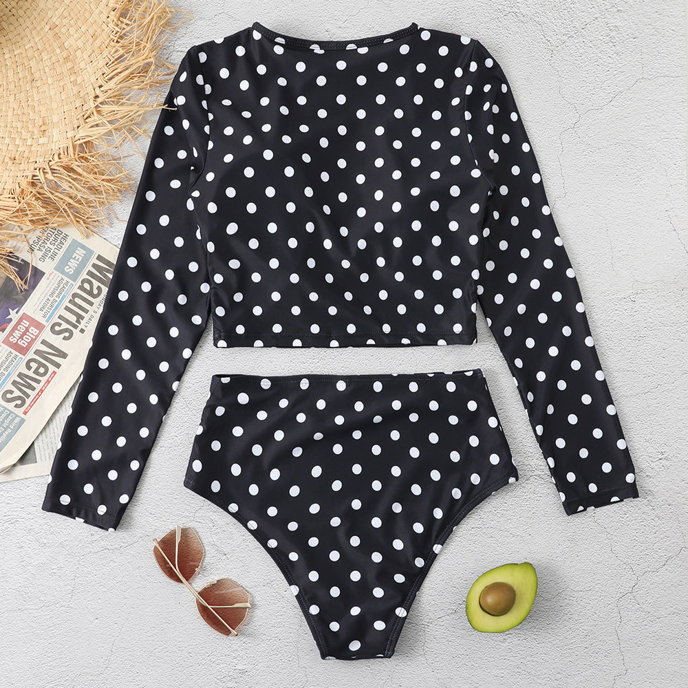 Black Dot Long Sleeves Surf Wear for Women-Swimwear-Dot-S-Free Shipping Leatheretro