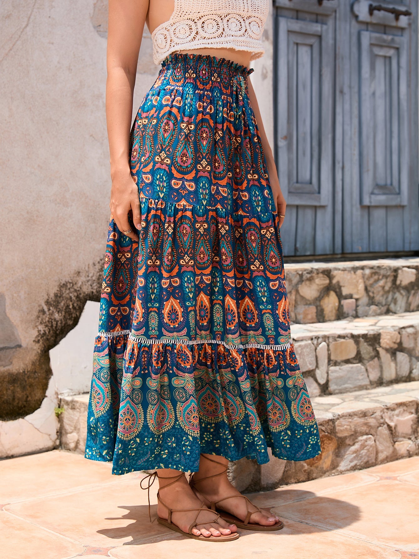 Bohemian Exotic Women Midi Skirts-Skirts-Peacock Blue-S-Free Shipping Leatheretro