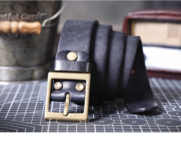 Vintage Men's Genuine Leather Belt Handmade Needle Buckle with Pure Copper Buckle Belt-Leather Belt-Dark Coffee-105cm-Free Shipping Leatheretro